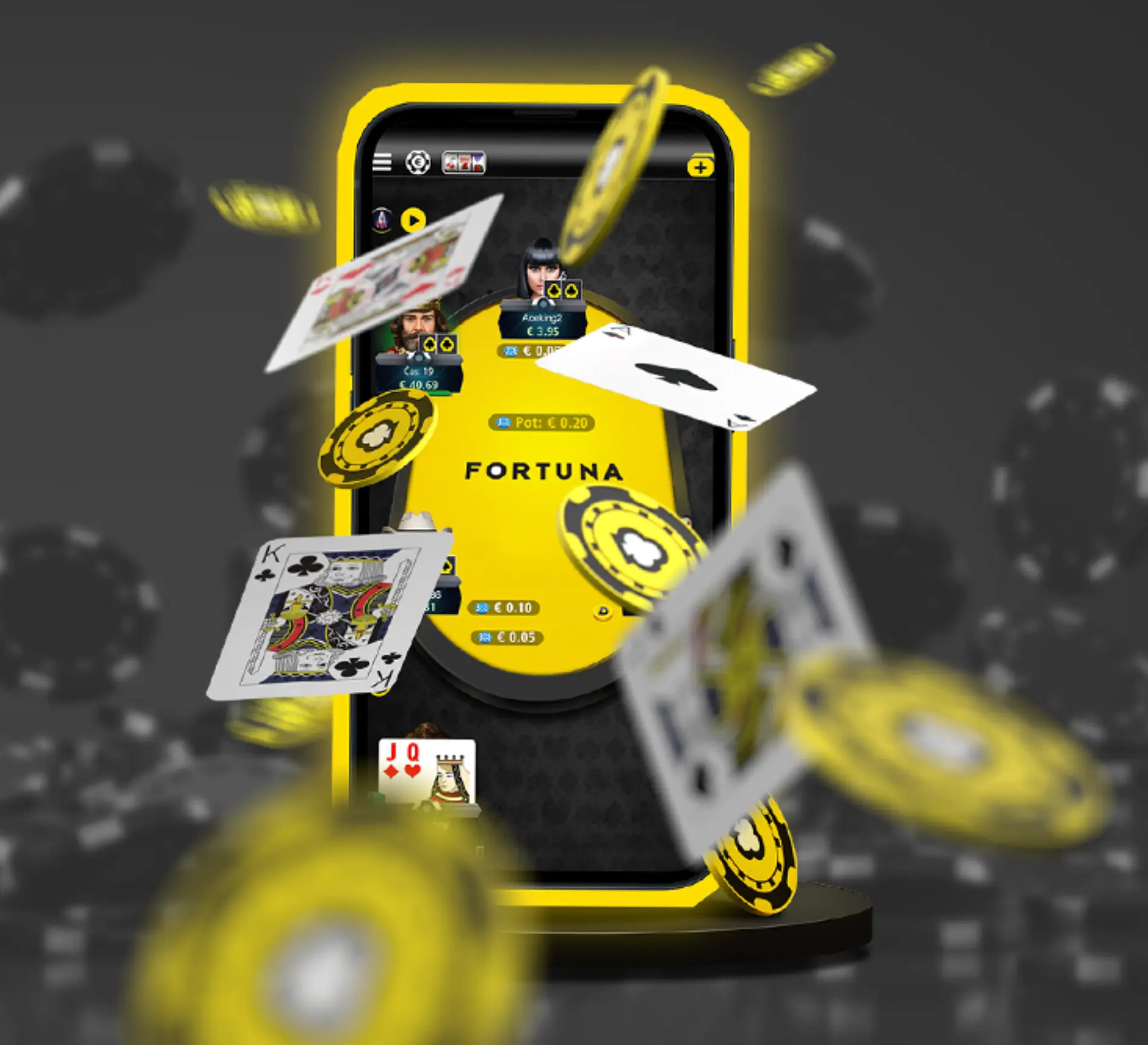 Fortuna poker aplikace – hra o žetony a karty online Mobilní telefon s aplikací Fortuna pokeru, kolem něj se vznášejí hrací karty a žetony